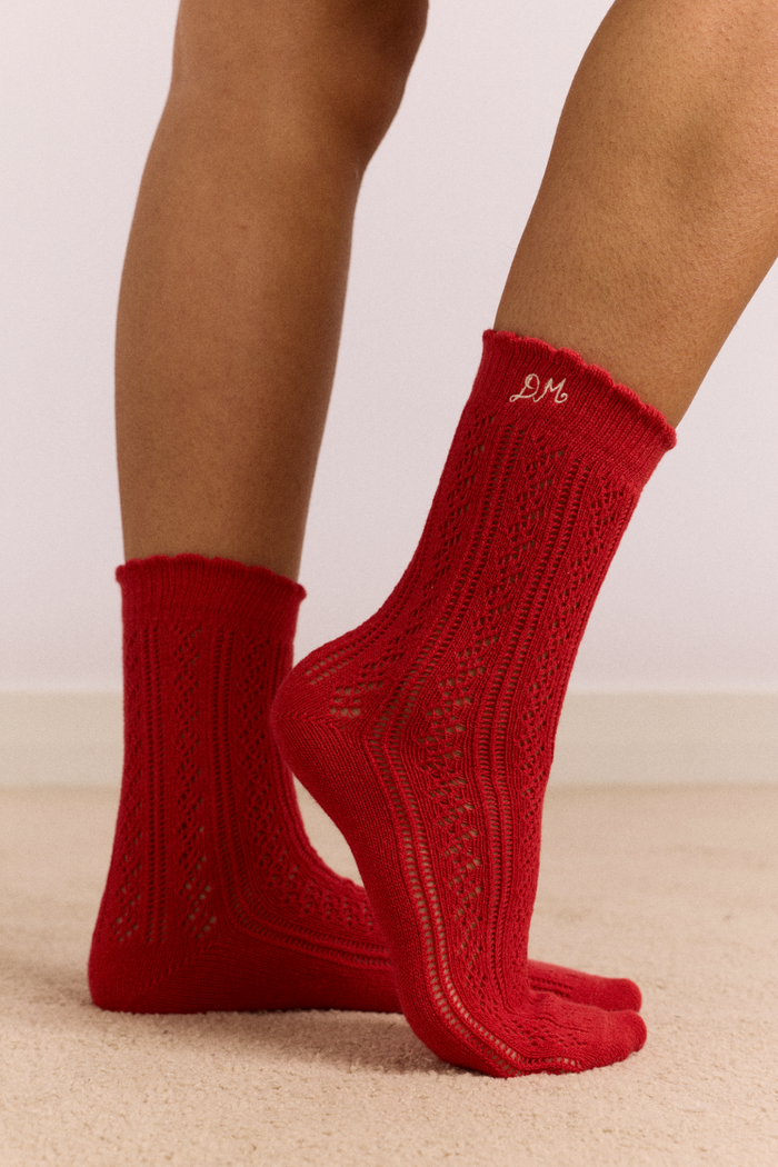 2 Pack Socks - Red & Cream Pointelle