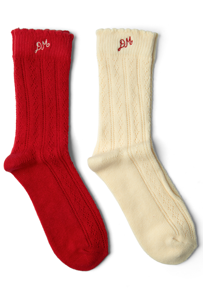 2 Pack Socks - Red & Cream Pointelle