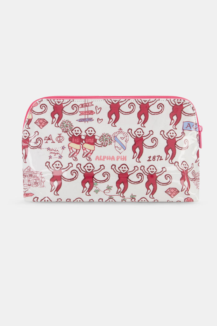 Introducing the Alpha Phi Monkey Makeup Bag by Roller Rabbit—a white pouch with a pink zipper, adorned with cheerful pink monkey illustrations, directional signs, flowers, a house, and “Alpha Phi 1872” text. Crafted from durable cotton canvas with a protective poly coating, it’s designed for everyday use and lasting durability.