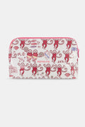 Introducing the Alpha Phi Monkey Makeup Bag by Roller Rabbit—a white pouch with a pink zipper, adorned with cheerful pink monkey illustrations, directional signs, flowers, a house, and “Alpha Phi 1872” text. Crafted from durable cotton canvas with a protective poly coating, it’s designed for everyday use and lasting durability.