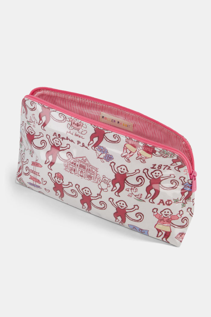 Introducing the Alpha Phi Monkey Makeup Bag by Roller Rabbit—a white pouch with a pink zipper, adorned with cheerful pink monkey illustrations, directional signs, flowers, a house, and “Alpha Phi 1872” text. Crafted from durable cotton canvas with a protective poly coating, it’s designed for everyday use and lasting durability.