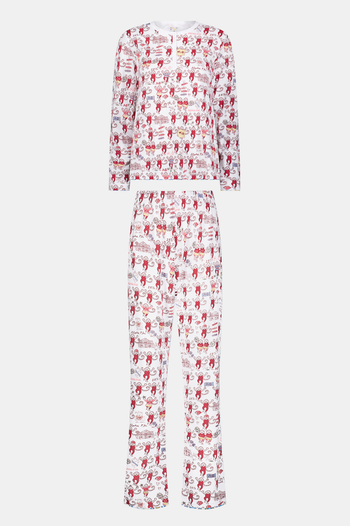 The Alpha Phi Monkey Pajamas by Roller Rabbit are a long-sleeve pajama set crafted from soft Pima cotton, featuring a red and gray cartoon animal print on a white background, with a Henley top and matching pants.