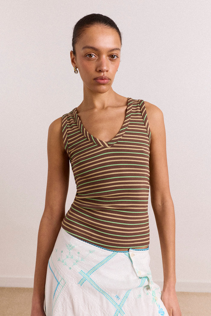 Arlea V-Neck Tank - Brown Stripe