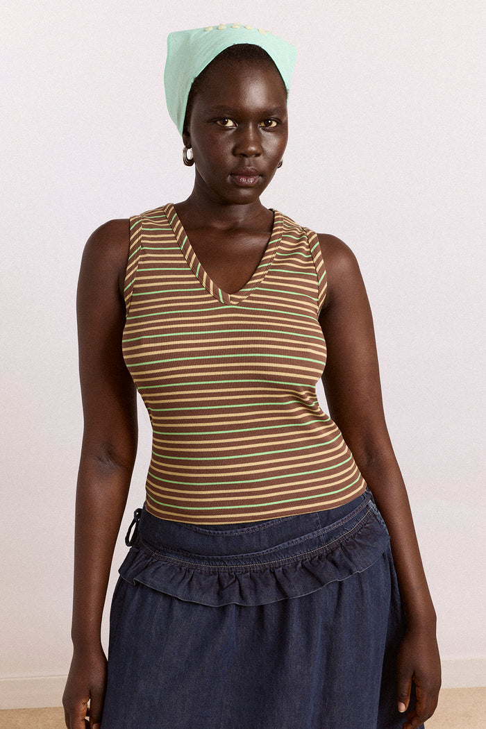 Arlea V-Neck Tank - Brown Stripe