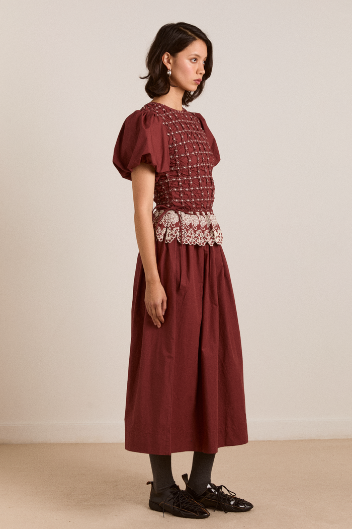 Audrey Midi Dress - Burg/Butter Stitching
