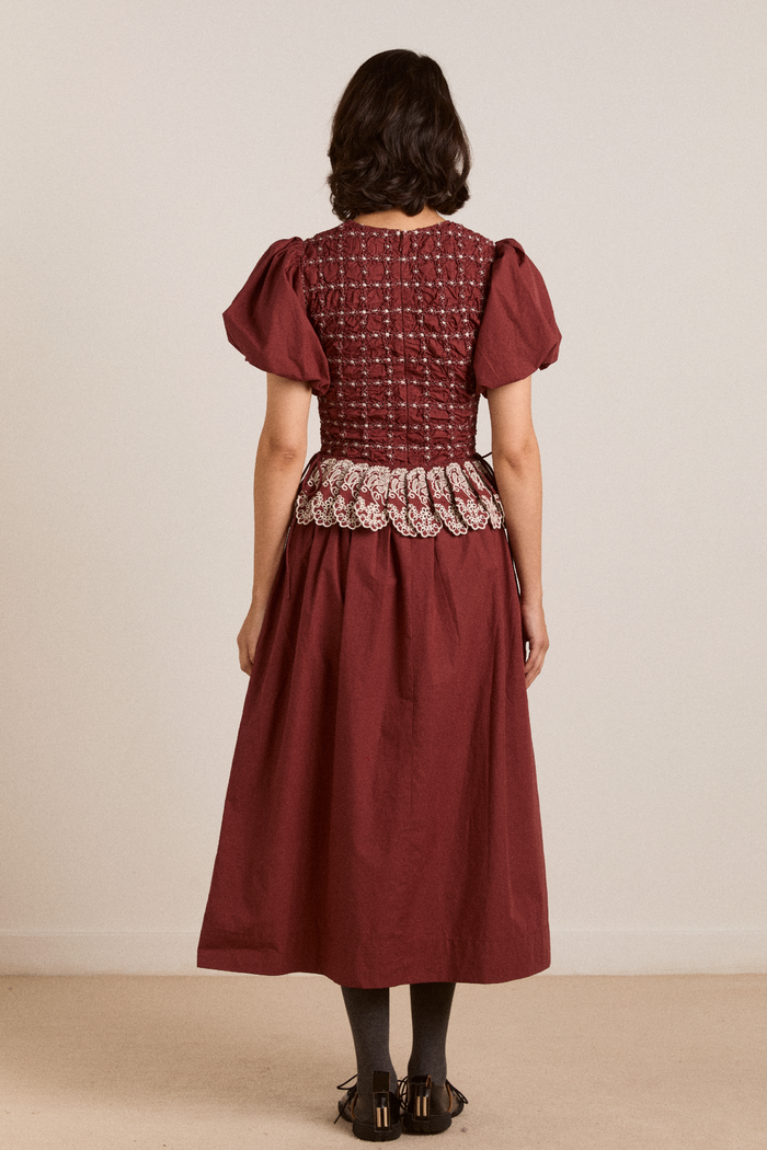Audrey Midi Dress - Burg/Butter Stitching