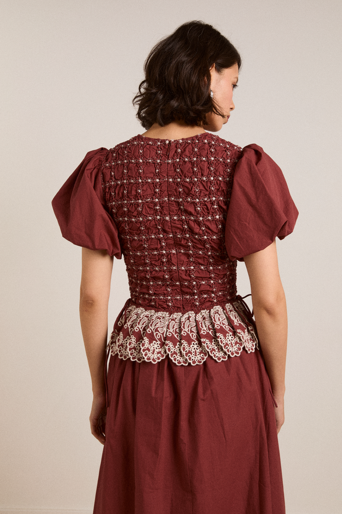 Audrey Midi Dress - Burg/Butter Stitching