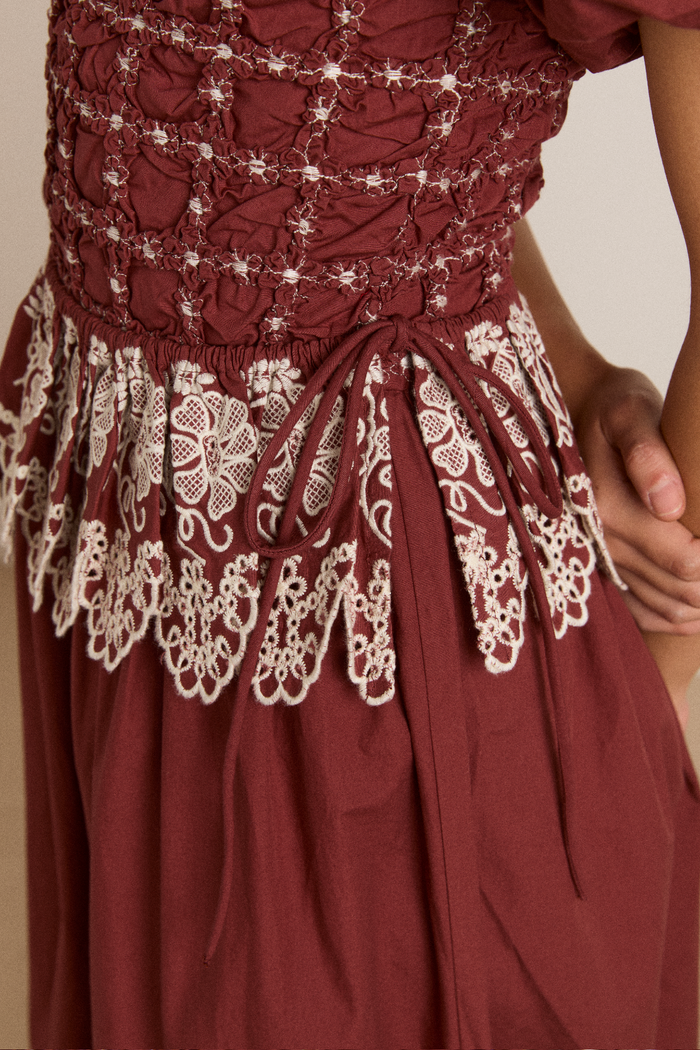 Audrey Midi Dress - Burg/Butter Stitching