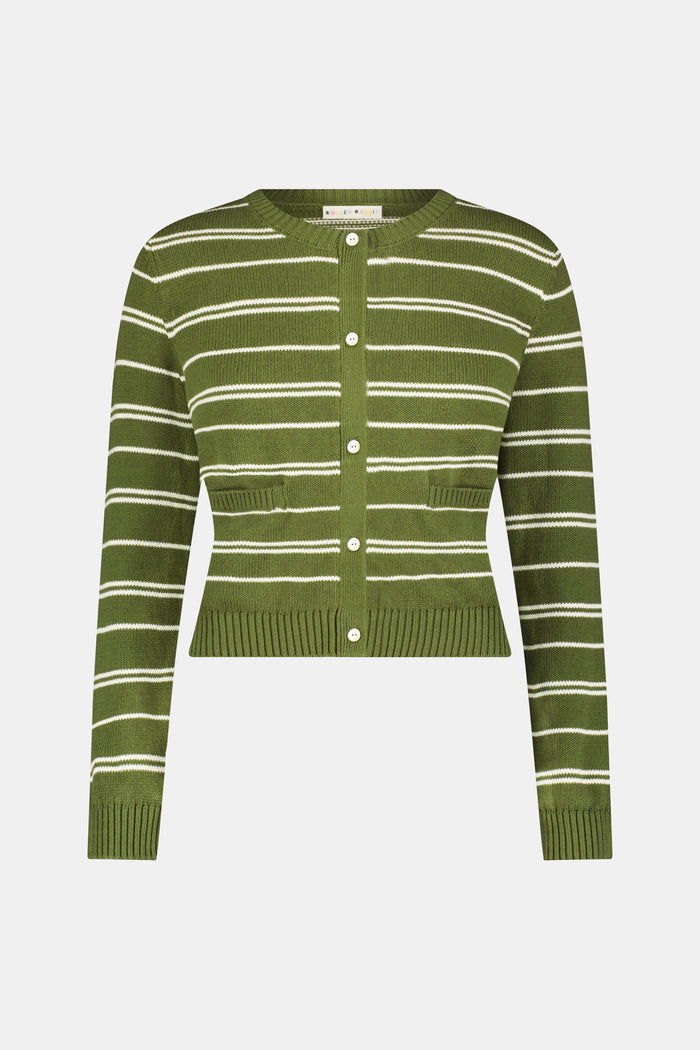 A woman stands facing forward, wearing the Roller Rabbit Autumn Stripe Laine Cardigan in olive green stripes with buttons and matching pants. She has long dark hair and a slight smile.