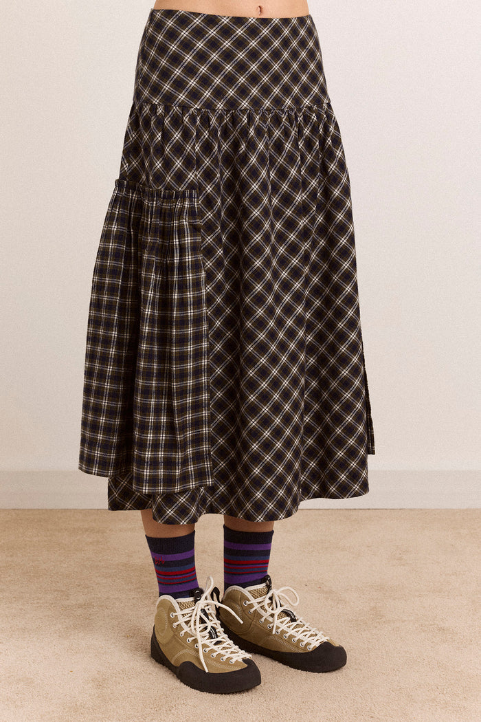 Berta Midi Skirt - Navy Green Check