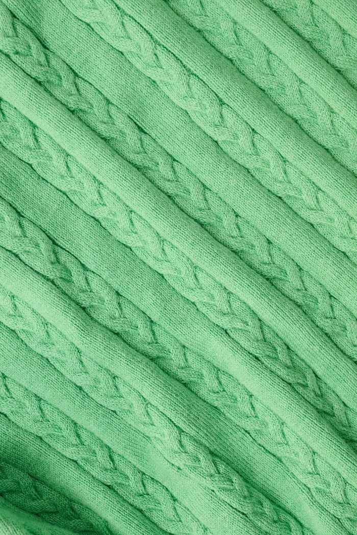 The Roller Rabbit Cable Stripe Moxie Cardigan is a bright forest green, long-sleeve cardigan featuring a cable-knit design. Crafted from soft cotton cashmere, it has a crew neckline and gold buttons down the front, shown against a plain white background.