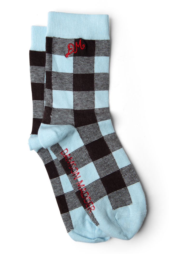 Calf Length Socks - Pale Blue & Choc Gingham