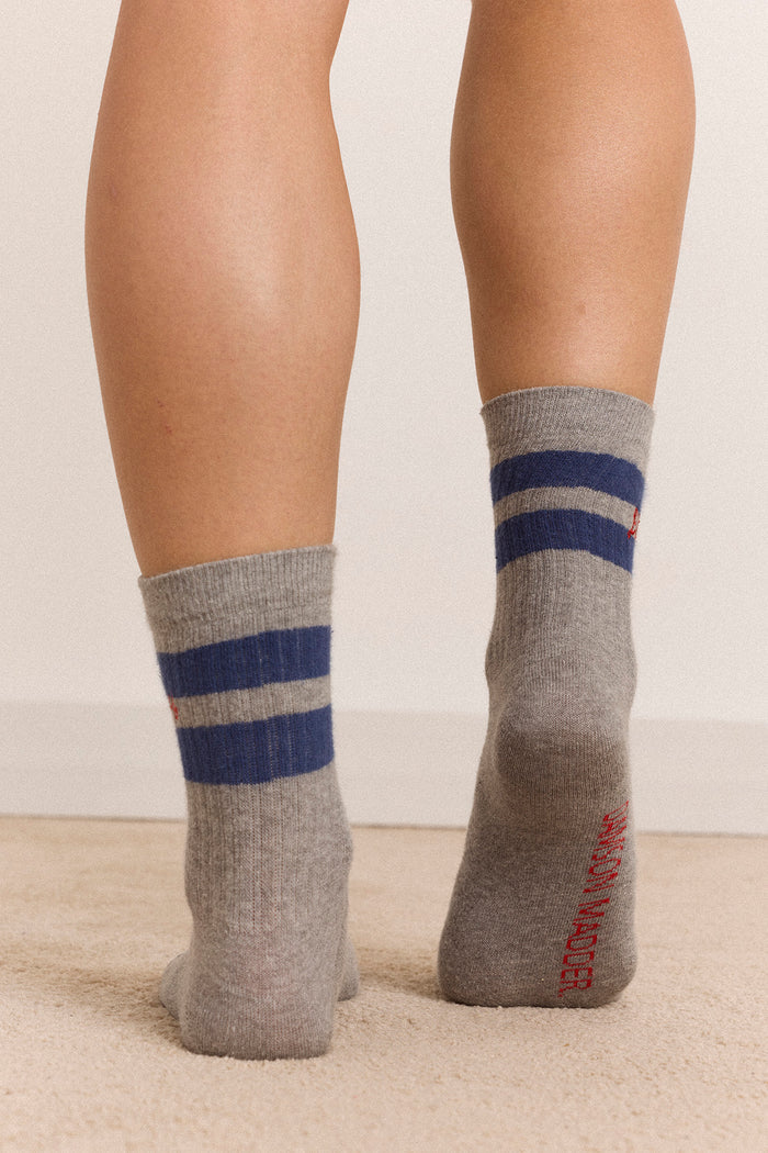 Calf Length Sporty Socks - Grey Marl Blue Stripe