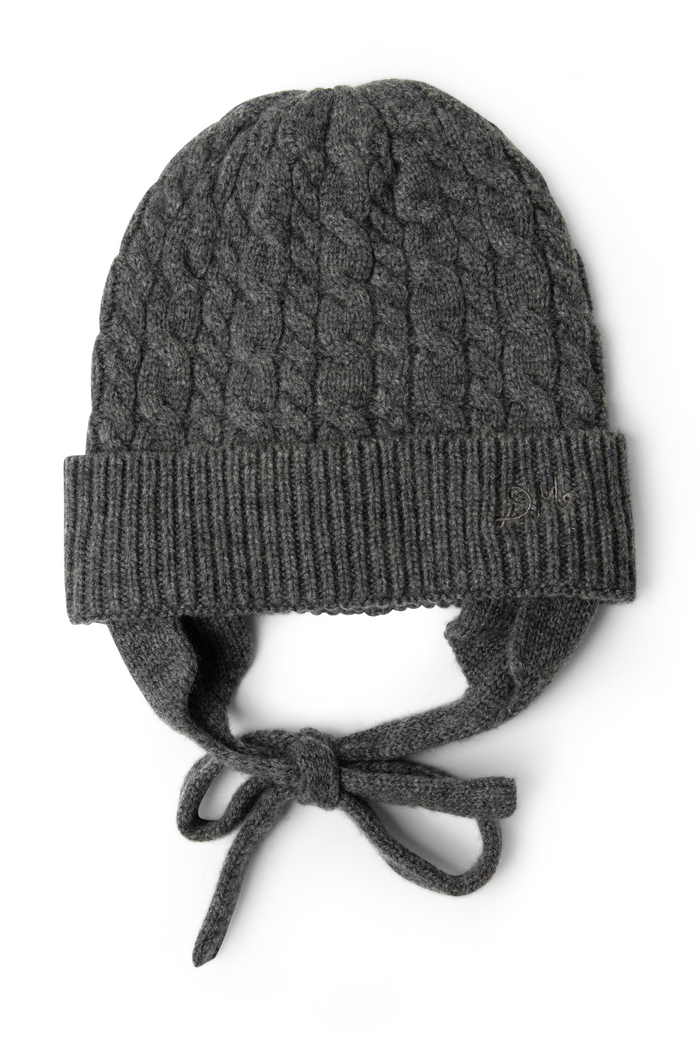 Cashmere / Wool Blend Mix Turn Up Tie Beanie - Charcoal