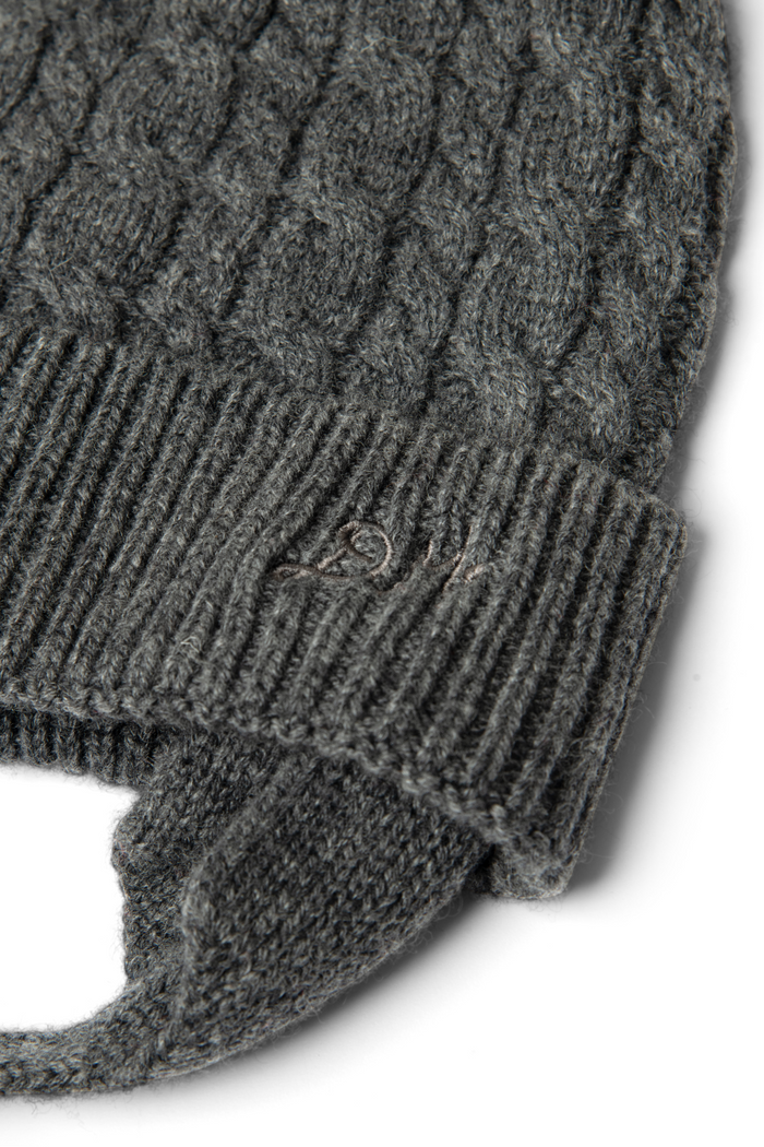 Cashmere / Wool Blend Mix Turn Up Tie Beanie - Charcoal
