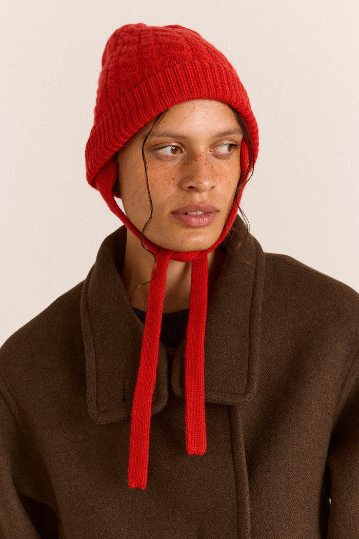 Cashmere / Wool Blend Mix Turn Up Tie Beanie - Red