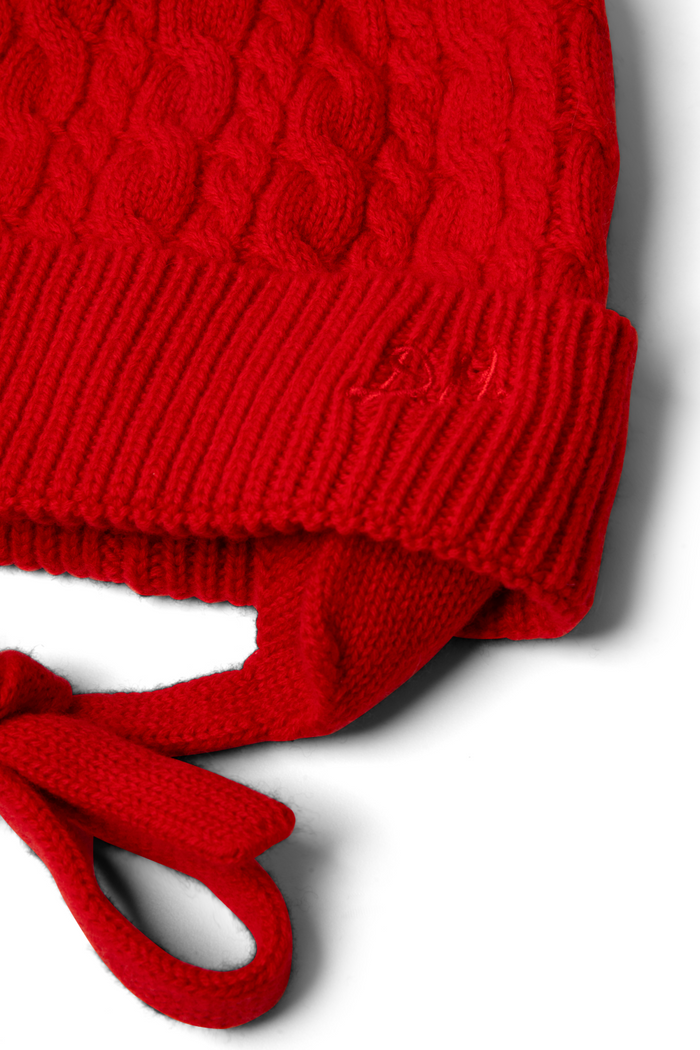 Cashmere / Wool Blend Mix Turn Up Tie Beanie - Red