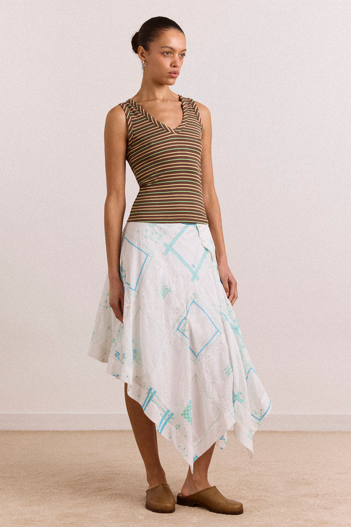 Corinne Hanky Hem Midi Skirt - White/Blue Embroidery
