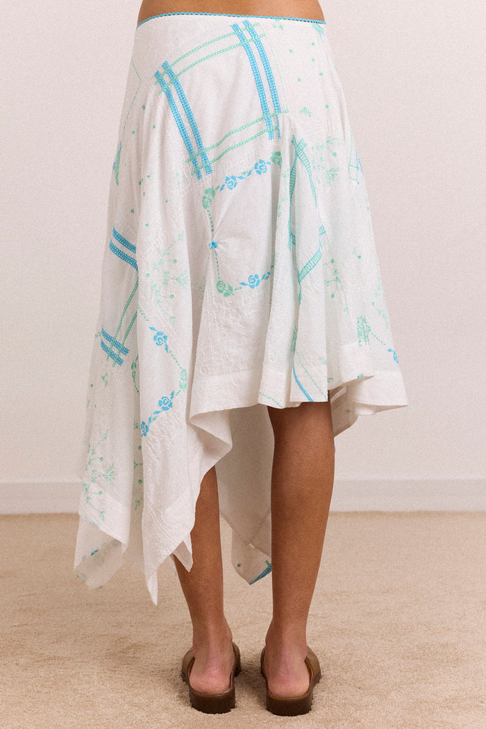 Corinne Hanky Hem Midi Skirt - White/Blue Embroidery