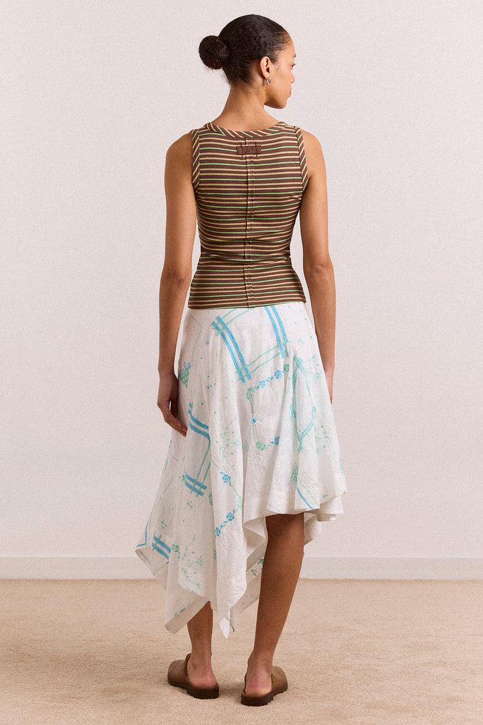 Corinne Hanky Hem Midi Skirt - White/Blue Embroidery