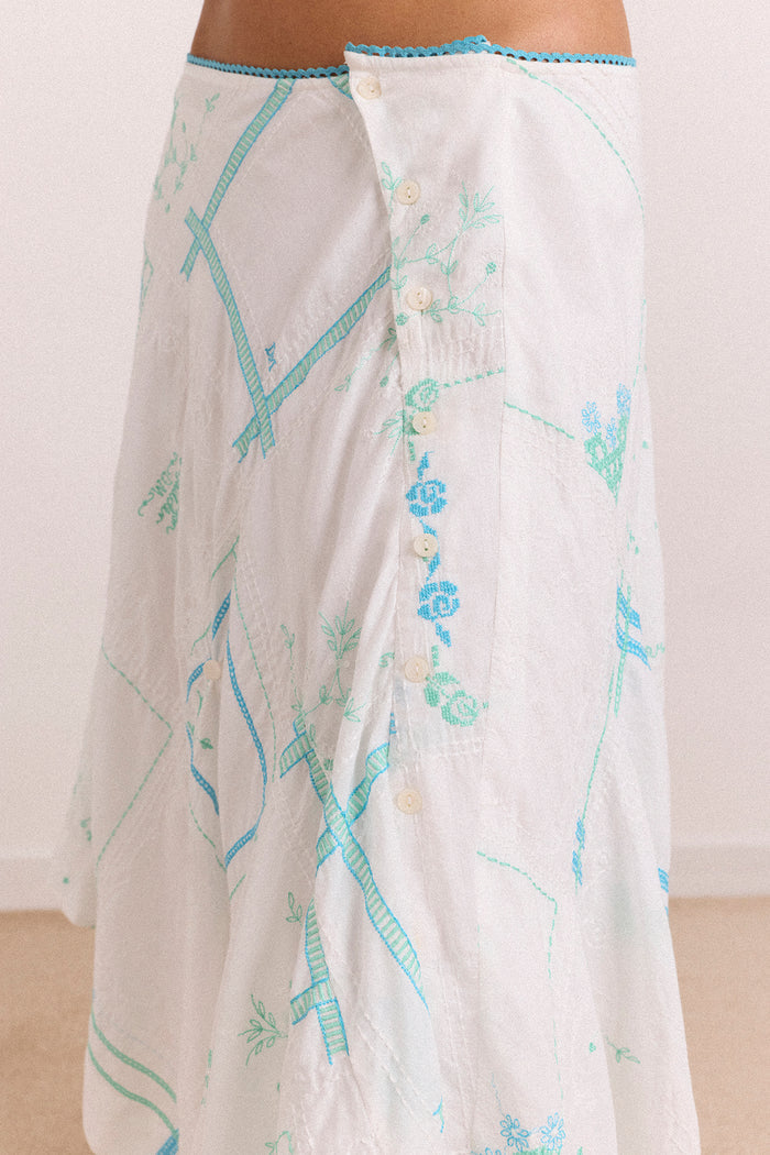 Corinne Hanky Hem Midi Skirt - White/Blue Embroidery