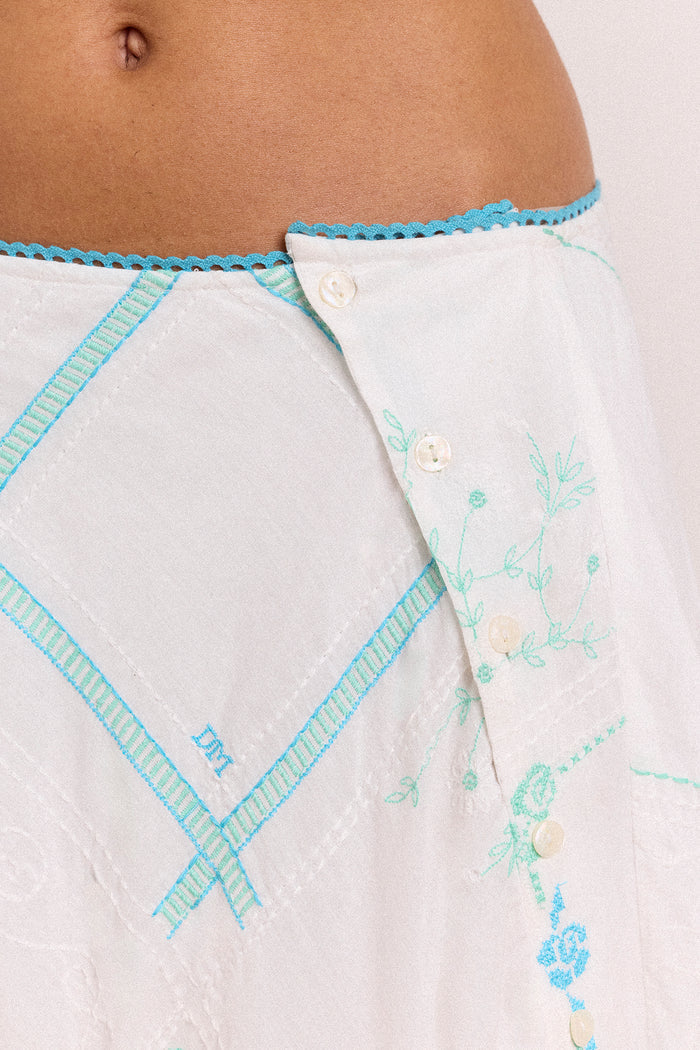 Corinne Hanky Hem Midi Skirt - White/Blue Embroidery