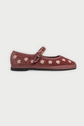 The FLABELUS Daisy Embroidery Mary Jane is a dusty pink velvet slipper with a strap and buckle, featuring small white floral embroidery along the side, shown against a plain white background.