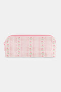 The Daisy Heart Stripe Makeup Bag by Roller Rabbit is a pink cotton canvas cosmetic pouch with a zipper, adorned with a delicate pattern of pink lines and small green and pink floral motifs on a light background.