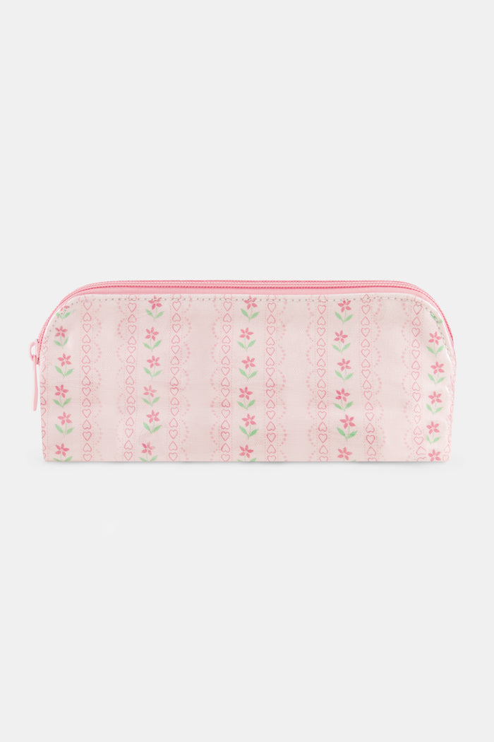 The Daisy Heart Stripe Makeup Bag by Roller Rabbit is a pink cotton canvas cosmetic pouch with a zipper, adorned with a delicate pattern of pink lines and small green and pink floral motifs on a light background.