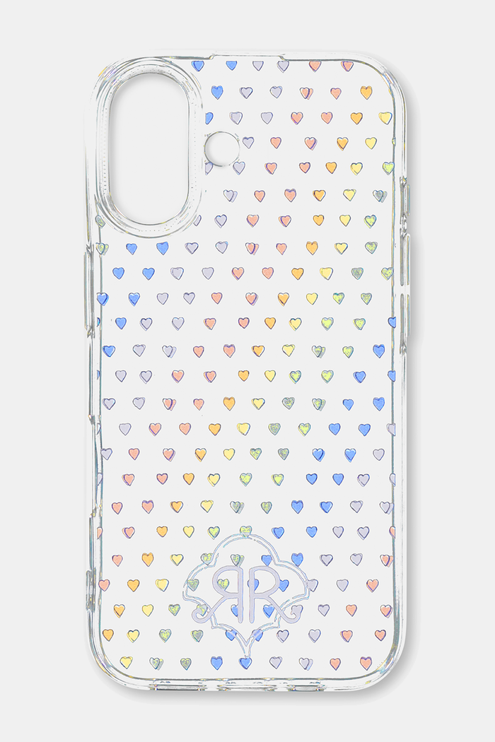 The Disco Hearts iPhone Case by Roller Rabbit features a clear design with multicolored heart patterns and a silver emblem, plus precise cutouts for the camera and fingerprint sensor.