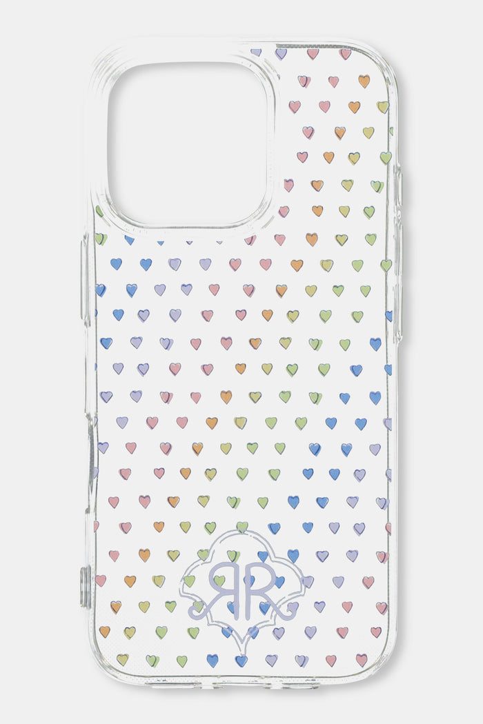 The Disco Hearts iPhone Case by Roller Rabbit features a clear design with multicolored heart patterns and a silver emblem, plus precise cutouts for the camera and fingerprint sensor.