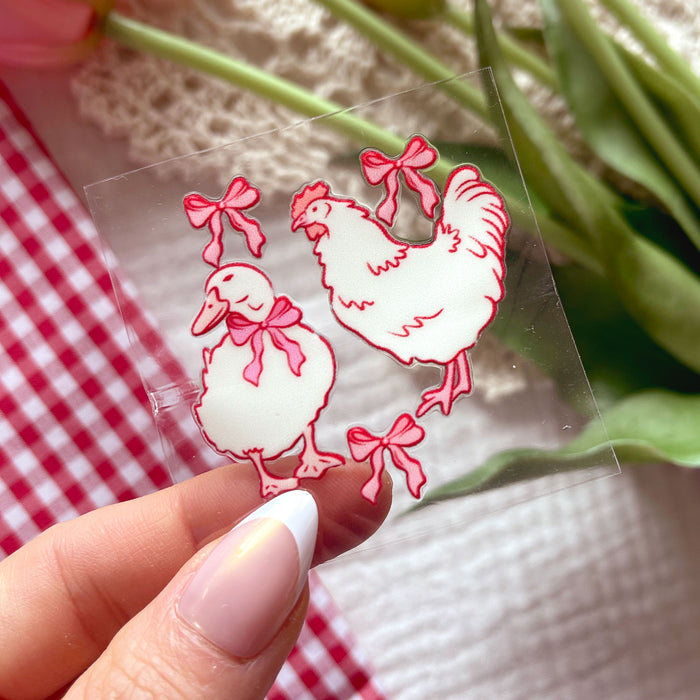 [ Double Sided ] Circle UV DTF Decal | Coquette Bow Chicken & Duck