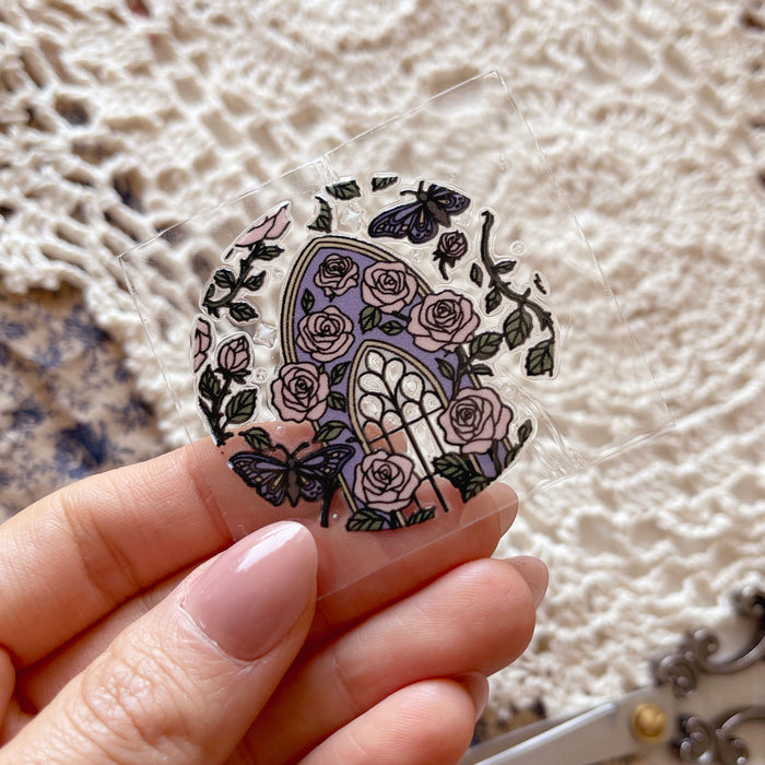 [ Double Sided ] Circle UV DTF Decal | Rose Garden Window