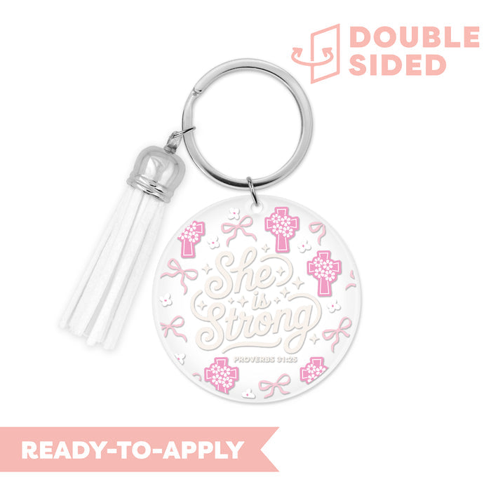 [ Double Sided ] Circle UV DTF Decal | She Is Strong with Cross