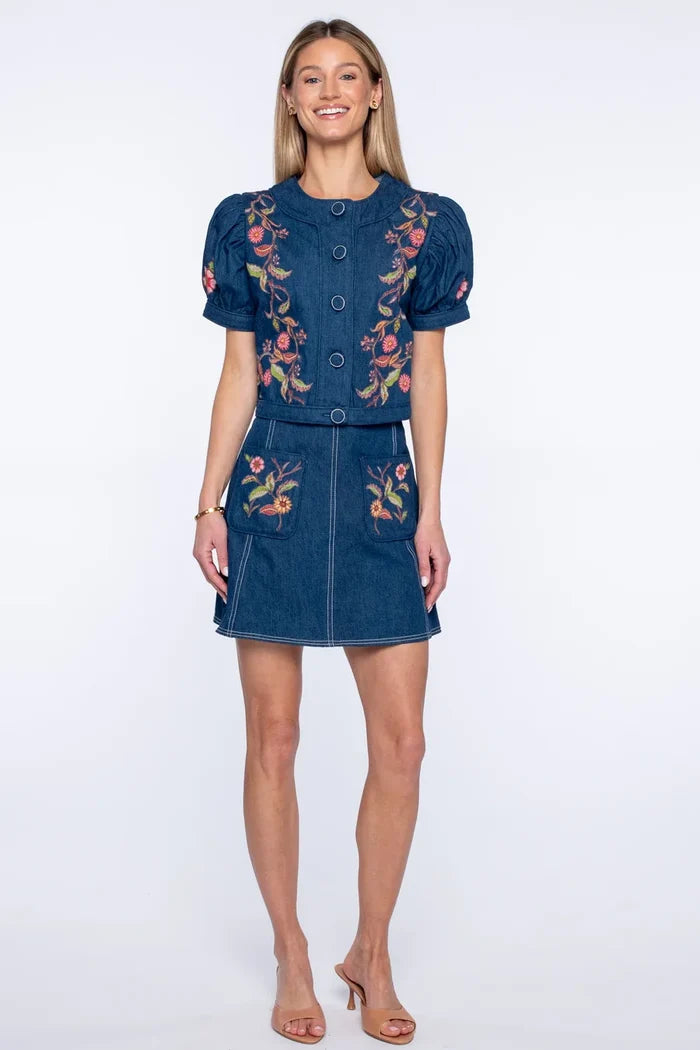 Elizabeth James Coco Top | Denim Embroidery