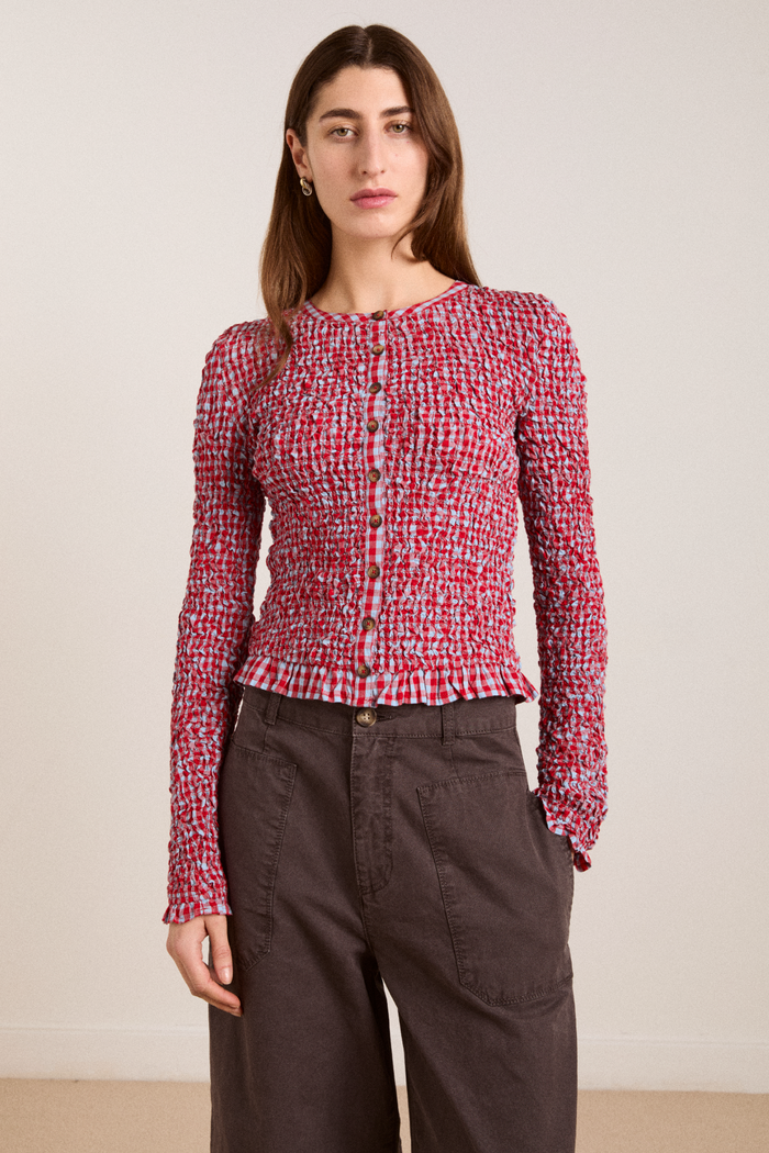 Elliana Smocked Cardi - Blue & Red Gingham