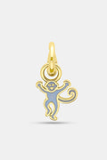 The Roller Rabbit Enamel Monkey Charm features a smiling gold and light blue cartoon monkey with raised arms and a curled tail, attached to a gold-covered brass clasp.