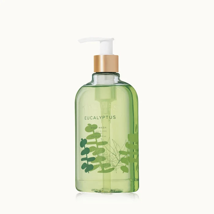 Green bottle with pump labeled 'Eucalyptus' on a white background