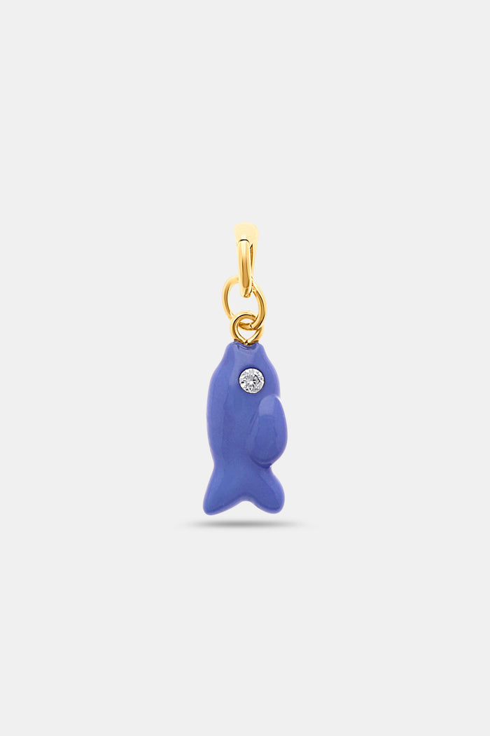 The Roller Rabbit Fish Charm features a small blue enamel fish with a sparkling stone eye, hanging from a gold-colored loop and bail, displayed on a plain light background.