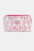 The Gamma Phi Beta Monkey Makeup Bag by Roller Rabbit is a white cotton canvas pouch, coated for durability and decorated with pink and blue cartoon monkeys, banners, and playful text throughout. It features a matching pink zipper and trim.