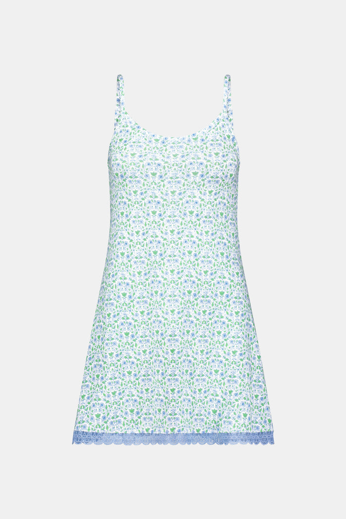 The Roller Rabbit Garden Gate Floral Daniela Slip Dress features a sleeveless, knee-length silhouette with thin straps, a blue and green floral Garden Gate print, and blue lace trim at the hem, shown against a plain white background.