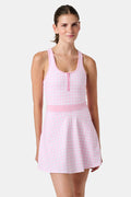 The Roller Rabbit Gingham Hearts Becky Active Dress is a sleeveless pink gingham dress featuring a fitted bodice, zipper front, and flared skirt, crafted from soft peached interlock fabric and shown on a plain white background.
