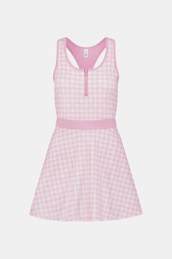 The Roller Rabbit Gingham Hearts Becky Active Dress is a sleeveless pink gingham dress featuring a fitted bodice, zipper front, and flared skirt, crafted from soft peached interlock fabric and shown on a plain white background.