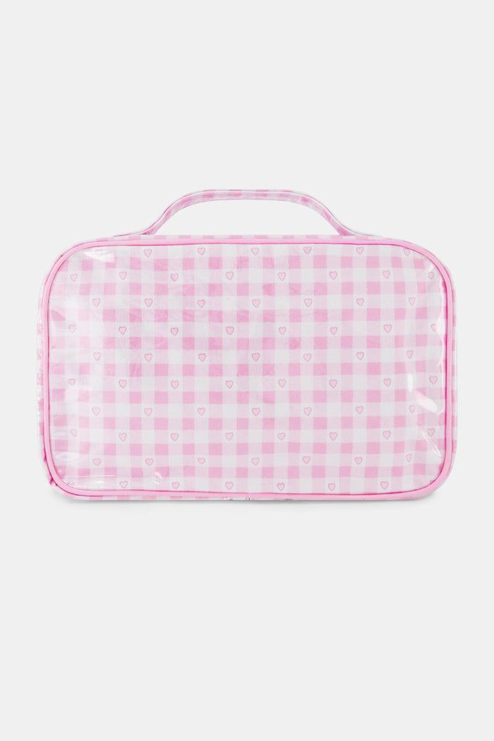 The Roller Rabbit Gingham Hearts Hanging Toiletry Case is a rectangular travel bag featuring pink and white gingham checks adorned with small heart patterns and a top handle, displayed against a plain white background.