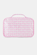 The Roller Rabbit Gingham Hearts Hanging Toiletry Case is a rectangular travel bag featuring pink and white gingham checks adorned with small heart patterns and a top handle, displayed against a plain white background.