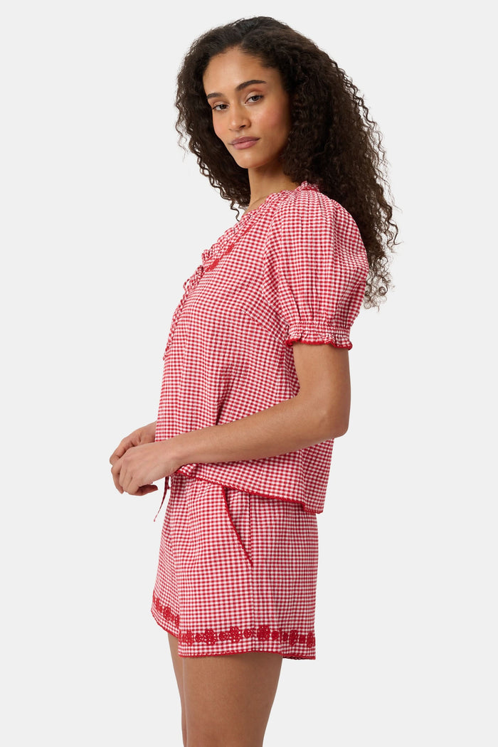 A woman wears the Roller Rabbit Gingham Quincy Top, a cotton blouse with puffed sleeves and red embroidery at the neckline. Only her upper body is visible.