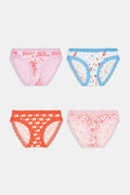 Roller Rabbit’s Globe Trotter Bikini 4 Pack offers women four cotton modal underwear pairs in pink with landmarks, blue with fruit, orange with animal shapes, and light pink with line art and lace trim.