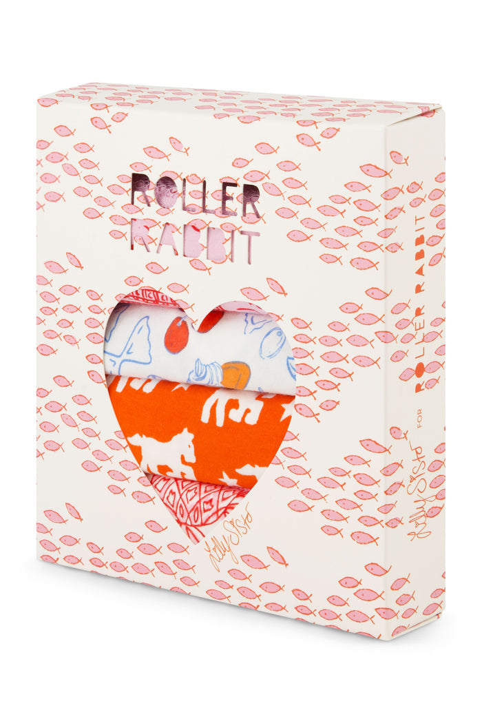 Roller Rabbit’s Globe Trotter Bikini 4 Pack offers women four cotton modal underwear pairs in pink with landmarks, blue with fruit, orange with animal shapes, and light pink with line art and lace trim.
