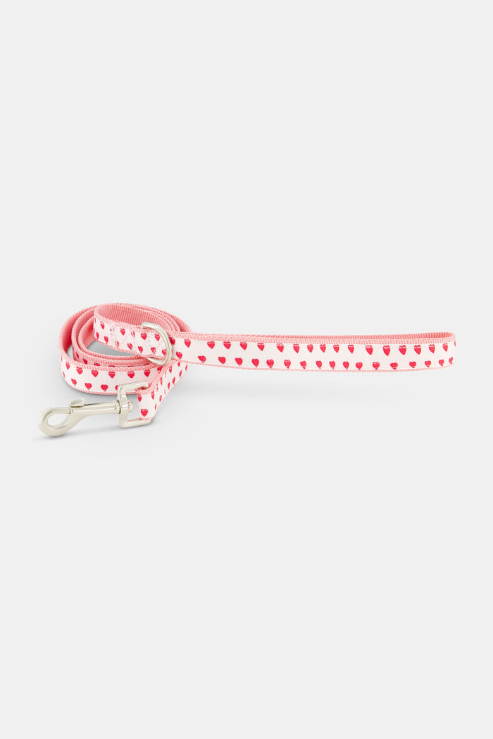 The Roller Rabbit Hearts Dog Leash features a pink, double-sided design with small red heart patterns and a silver clasp, displayed coiled on a white background.