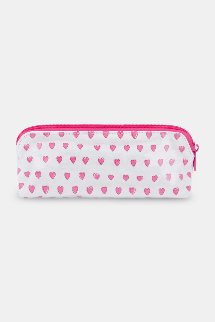 The Roller Rabbit Hearts Makeup Bag is a white, water-resistant canvas bag featuring a pink zipper and a pattern of small pink hearts.